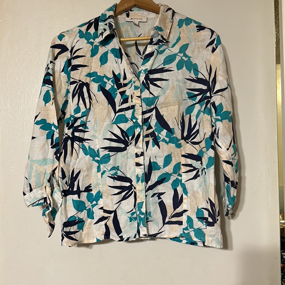 M COLLECTION 100% LINEN FLORAL DESIGN TOP SIZE 14